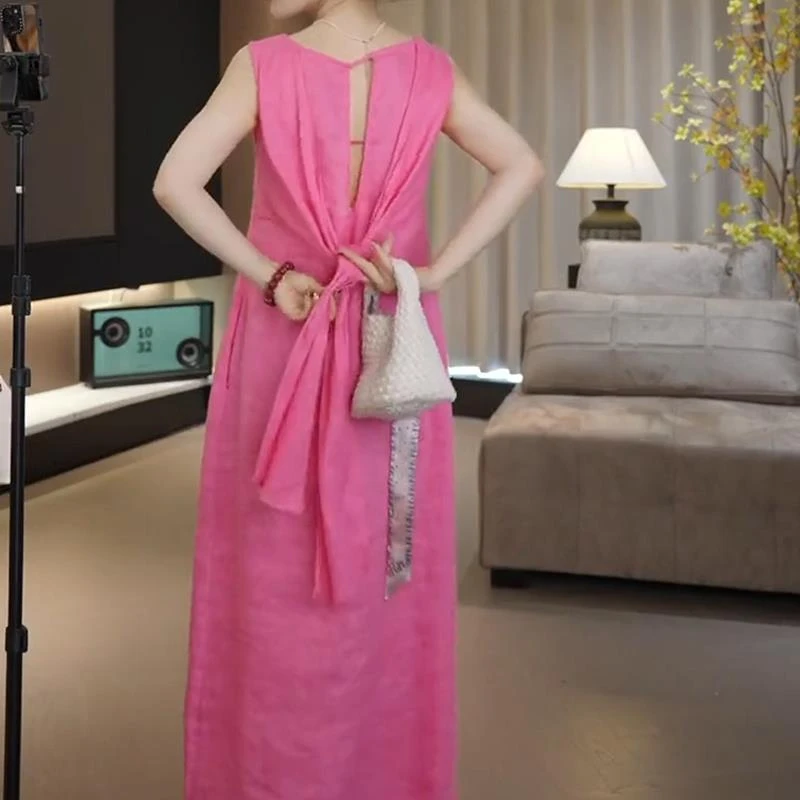 法式高端精致玫红色无袖连衣裙女2025夏季新款设计感气质背心长裙