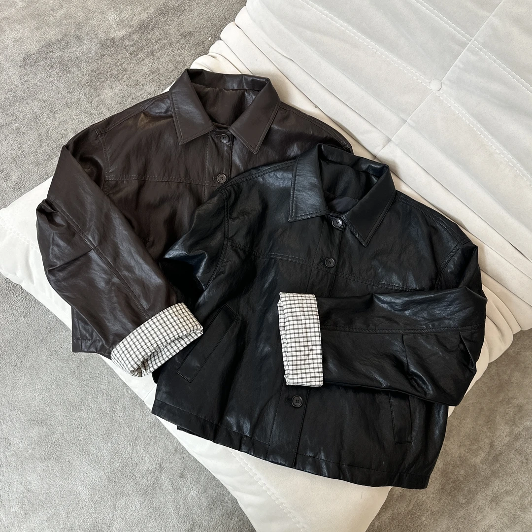 【米可家】格子袖口拼接超软仿小羊皮外套5311