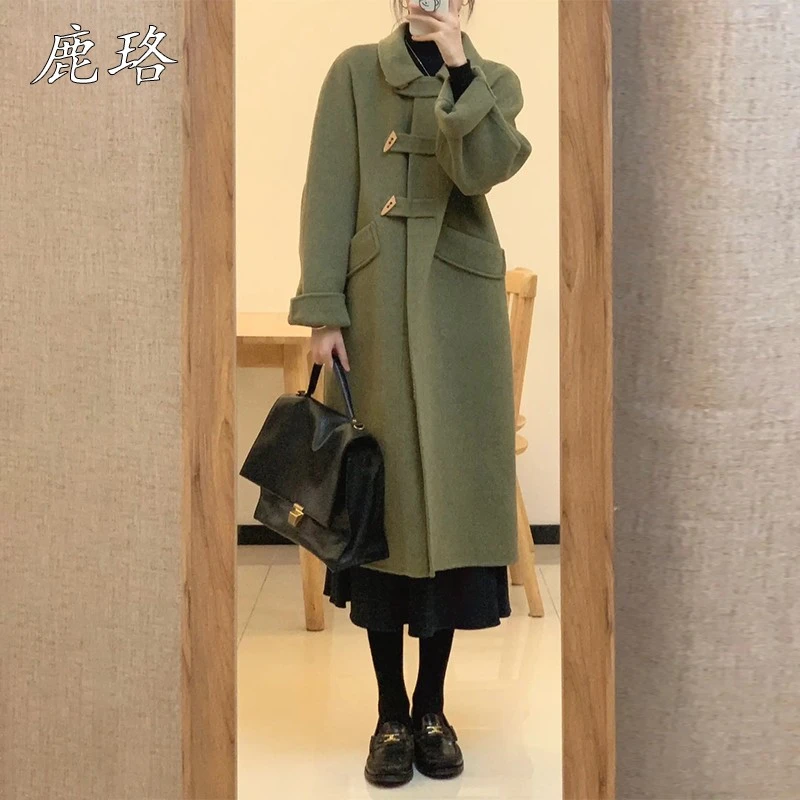 绿色大衣女秋冬季高级感2025新款爆款小个子中长款赫本风毛呢外套