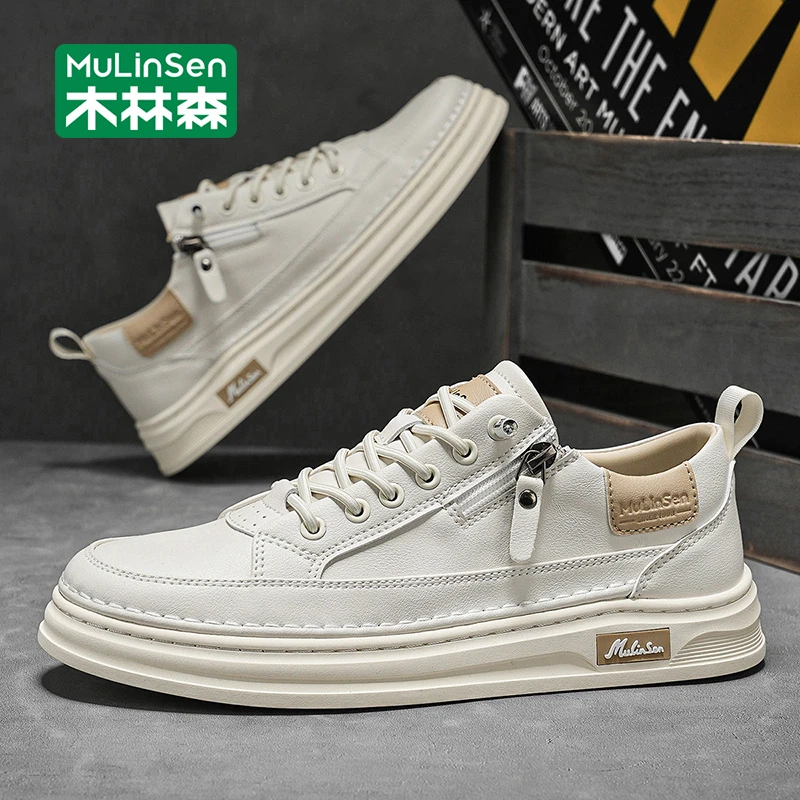 木林森男士板鞋2025年新款秋季透气运动休闲轻便厚底耐磨小白鞋男
