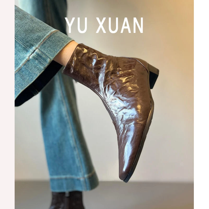 羊皮版~真皮法式方头粗跟瘦瘦靴女加绒通勤短靴小踝靴复古马丁靴