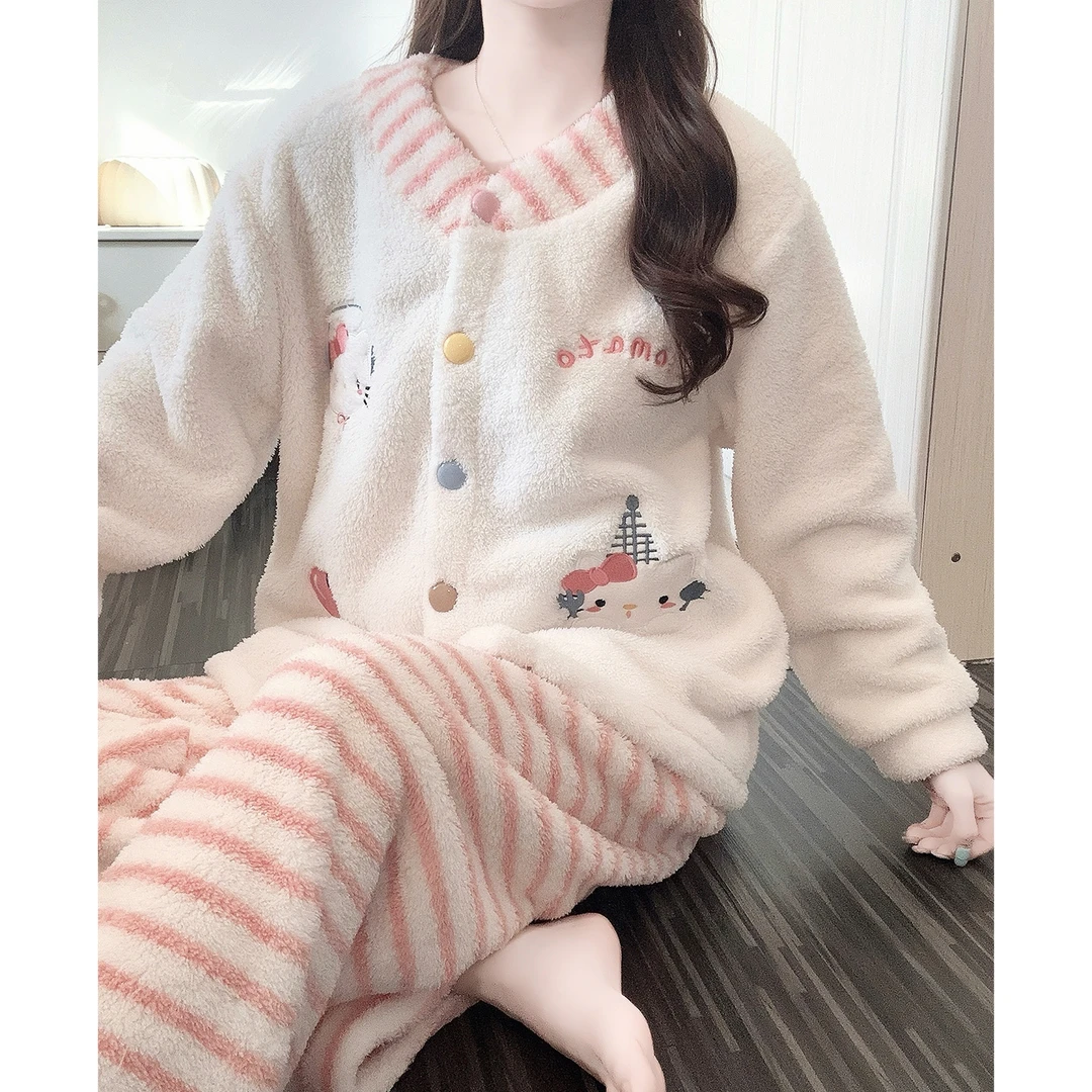 半边绒睡衣女款冬季KT猫可爱风加厚新款冬天可外穿学生家居服套装