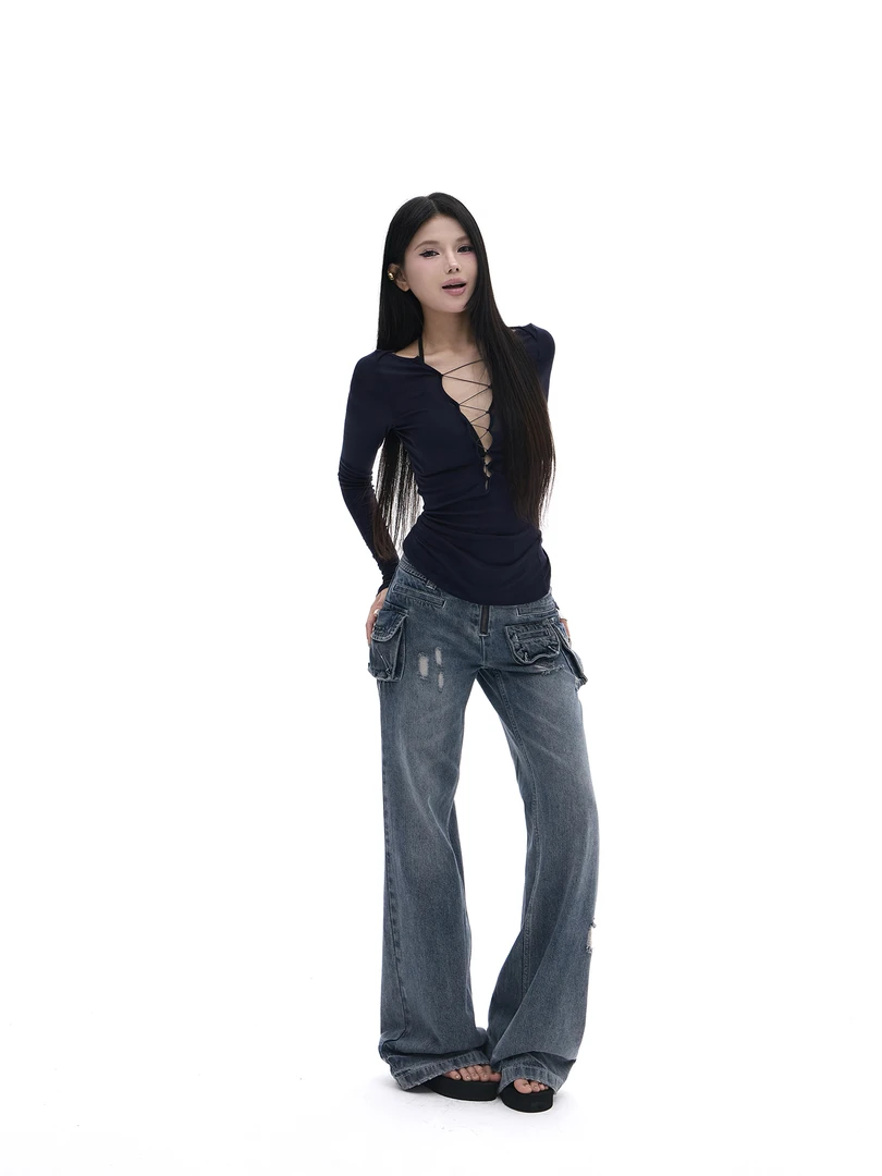 【吉月月】设计感美式多口袋低腰牛仔裤