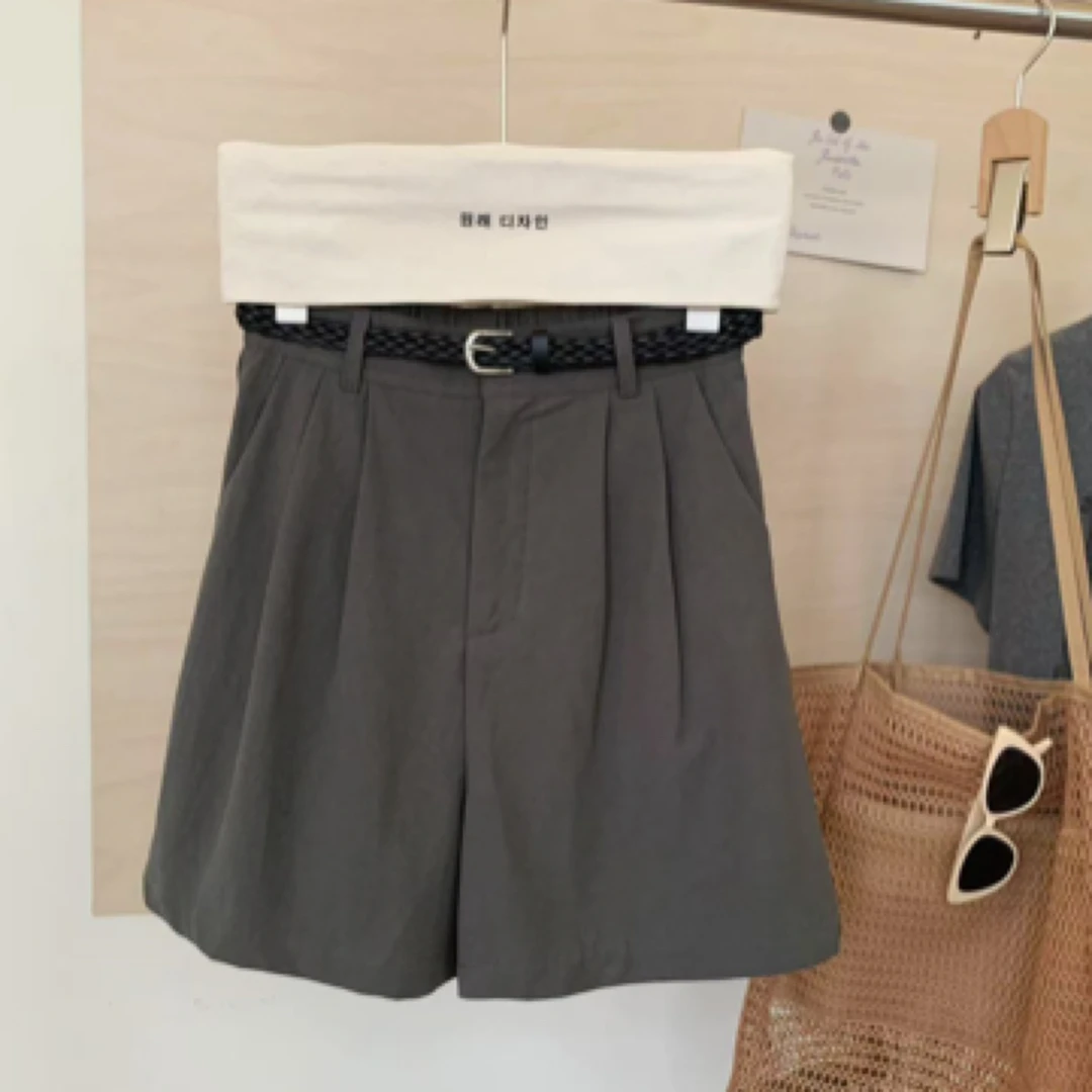 3168韩系休闲百搭灰色夏款纯色半松紧腰通勤带腰带短裤
