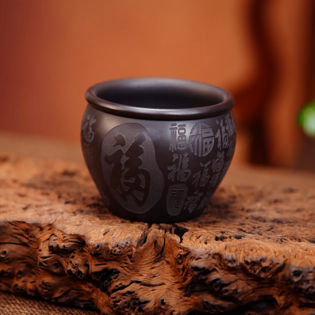 宜兴原矿紫砂茶具全手工制作石黄百福紫砂刻绘茶杯品茗杯