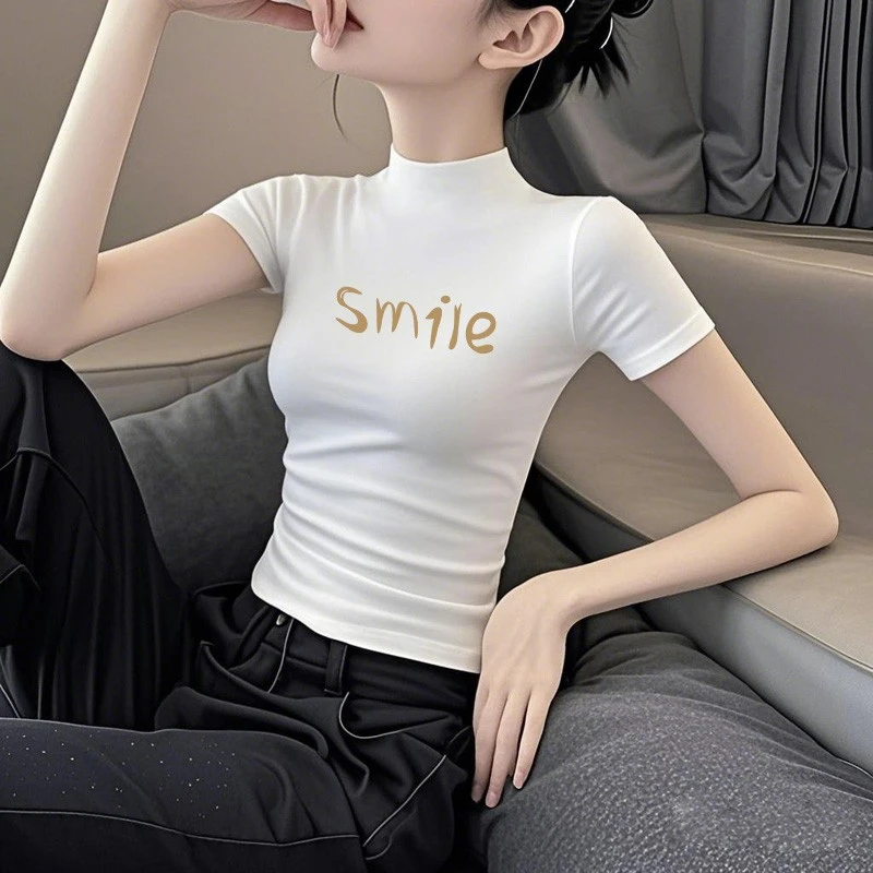 白色莫代尔冰丝短袖t恤女夏季新款薄款印花修身显瘦半高领上衣ins