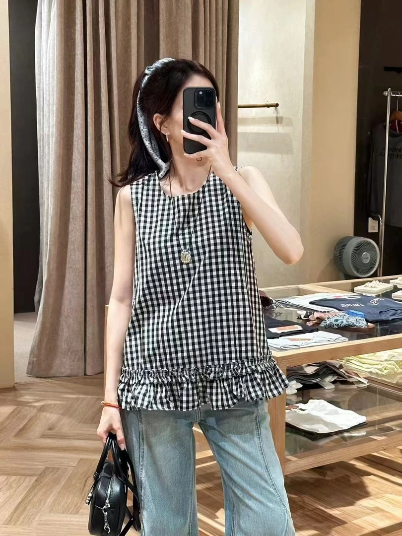 格纹衬衫木耳无袖圆领拼接黑白吸汗千鸟格格子衬衫-251008