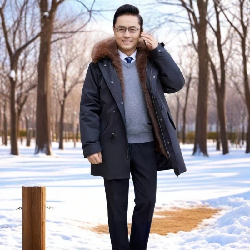 中老年男士冬季防寒保暖派克服大衣加绒内胆毛领可拆卸爸爸装外套