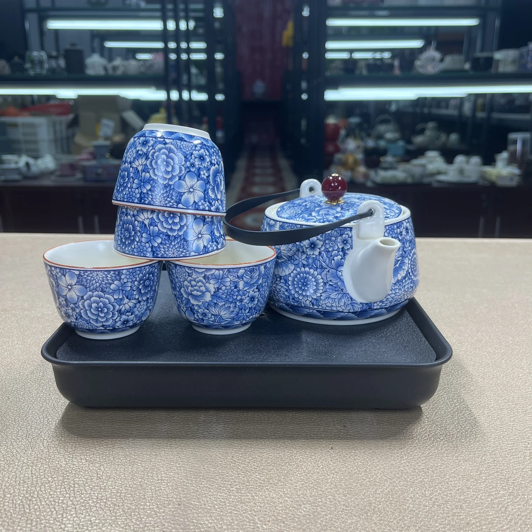 德化云仓 青花繁花提梁壶+四杯茶盘-1964