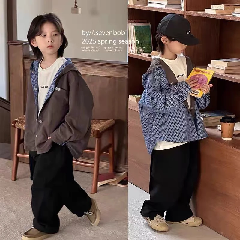 男童外套春秋2025新款儿童格子连帽上衣洋气时髦中大童秋装男孩潮