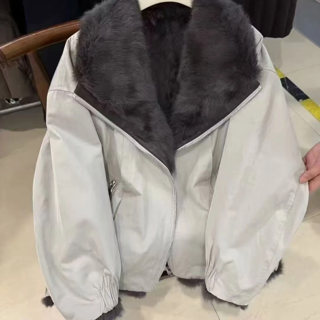 女士款修身显瘦宽松百搭冬季保暖工装双面穿皮毛一体皮草派克