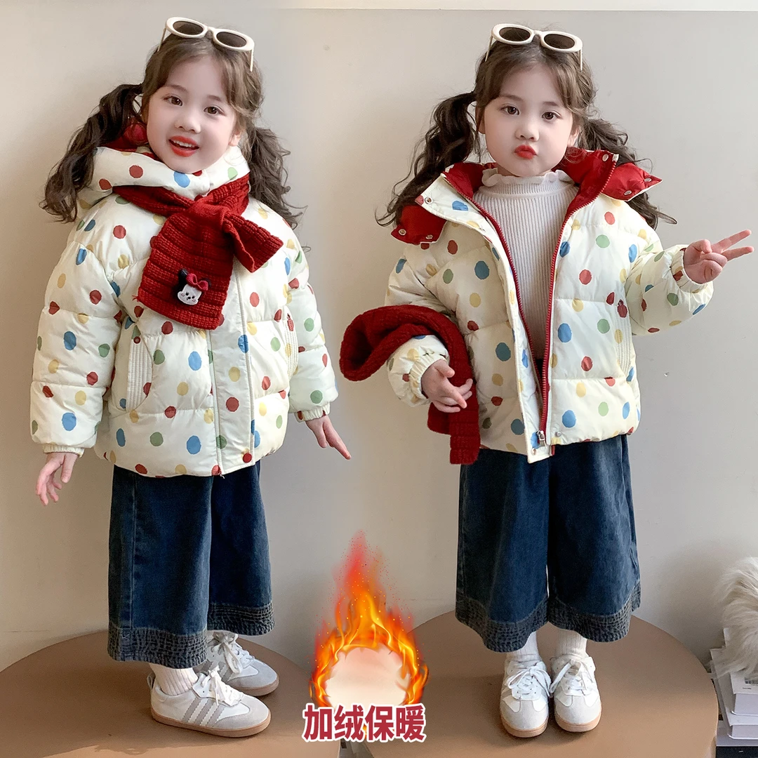 女童冬季棉服2025新款洋气连帽外套儿童加绒加厚冬装保暖波点棉衣