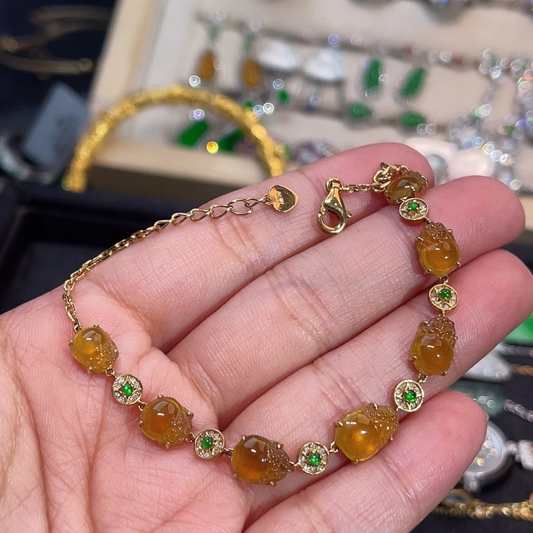 翡翠18K金镶嵌手链黄翡金蟾