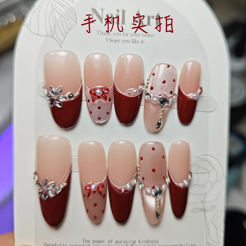 波点新款手工蝴蝶结显白爆闪纯手工红色猫眼法式高级美甲贴片