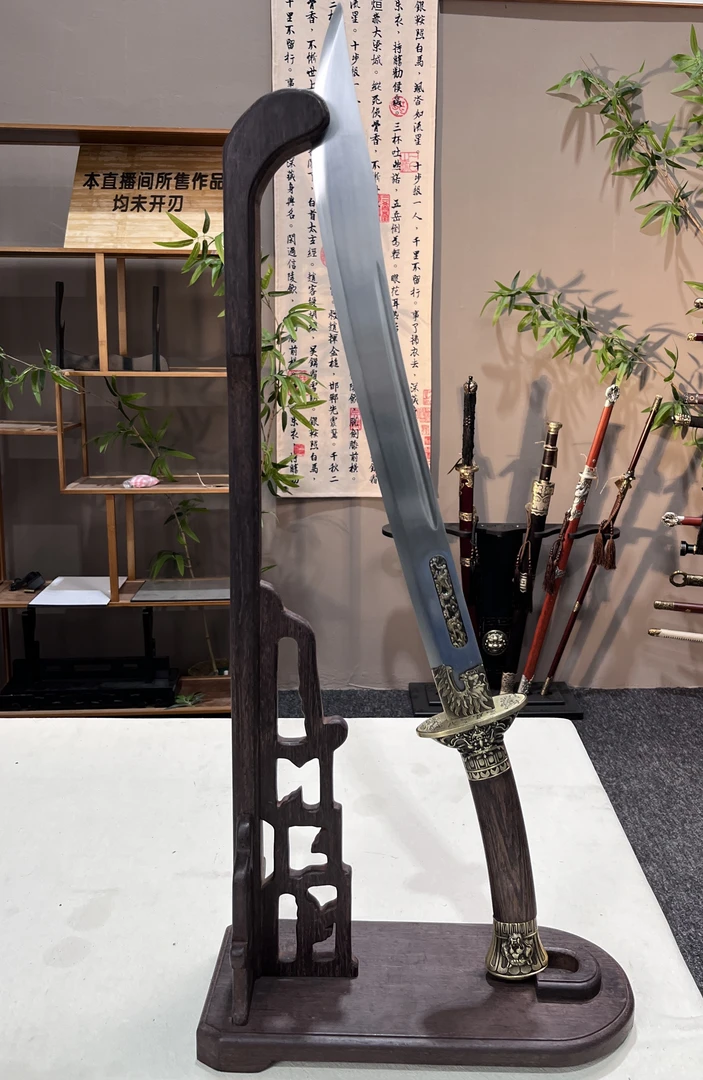 【镶铜版龙虎大刀】锰钢刀身镶铜片花梨木鞘锌合金装牛尾刀未开刃