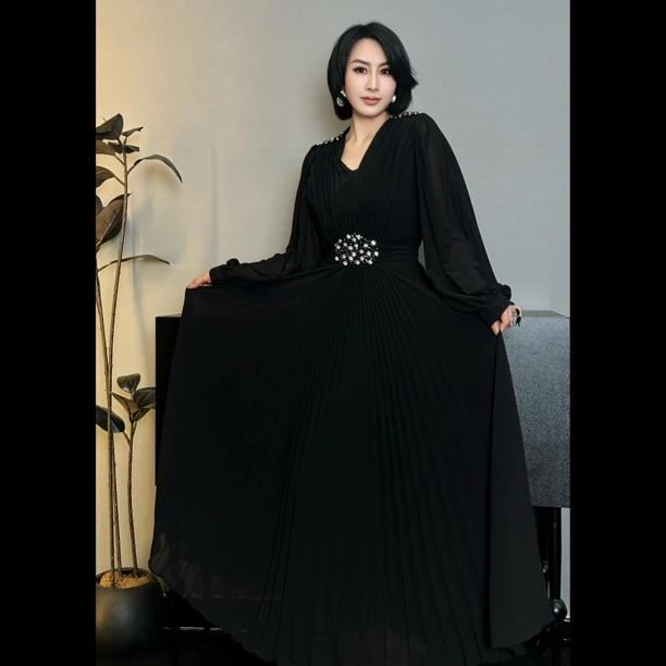 ER02夏季新款法式轻奢飘逸收腰遮肉长袖连衣裙长款优雅长裙