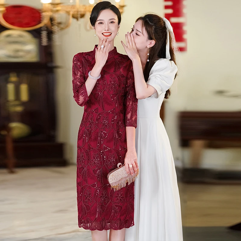 喜婆婆喜妈妈婚宴礼服中长款绣花蕾丝连衣裙婚庆改良旗袍高贵春秋