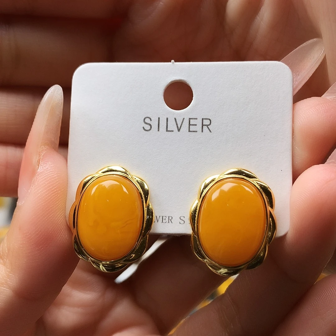 蜜蜡耳饰银S925镶嵌耳钉