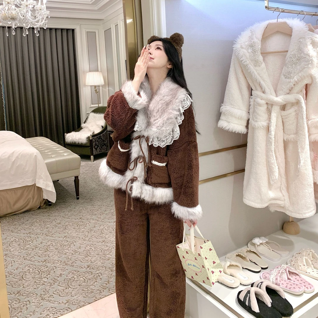 【初沁枫】小香风珊瑚绒家居服女秋冬季新款加厚保暖可外穿睡衣套装