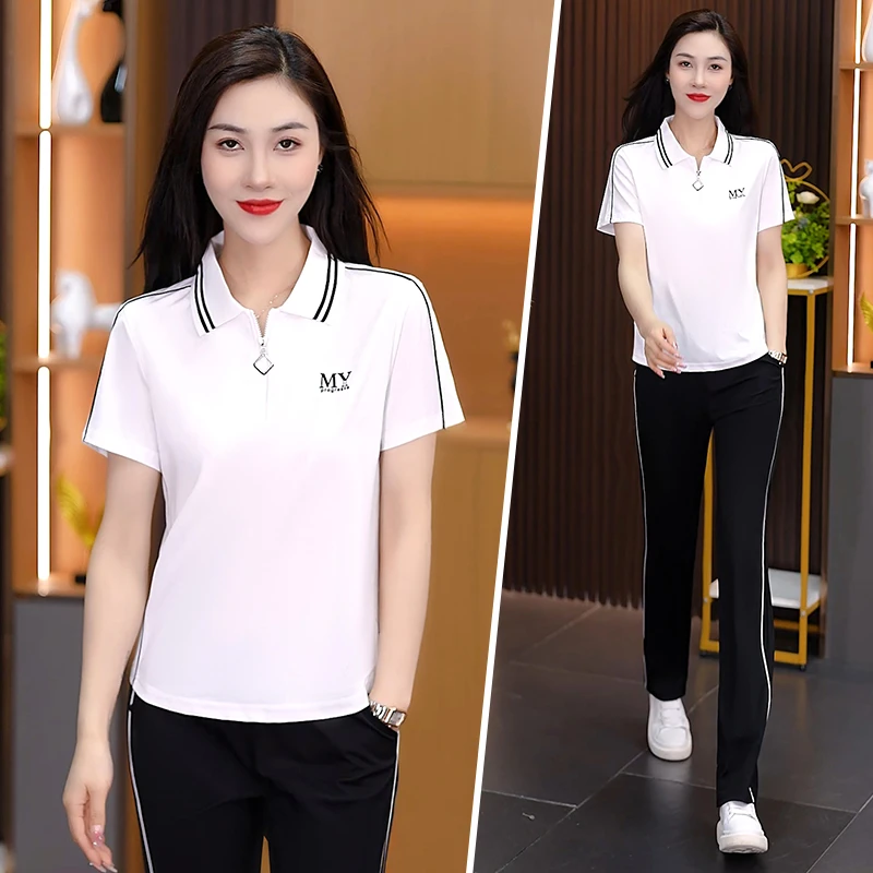 夏天休闲薄款冰丝运动套装女士夏季时尚韩版翻领短袖阔腿裤两件套