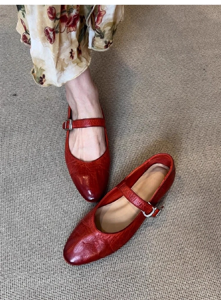 牛皮版~软皮小红鞋褶皱平底浅口单鞋女复古婚鞋极简玛丽珍女鞋子