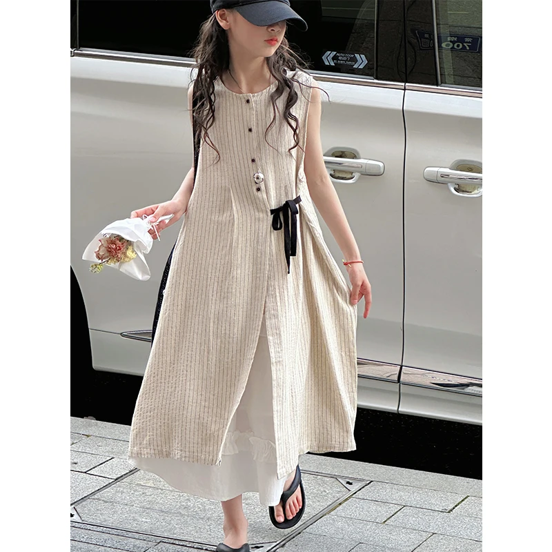 K28677孙小美 叠穿女童无袖连衣裙2025新款夏装儿童背心裙子