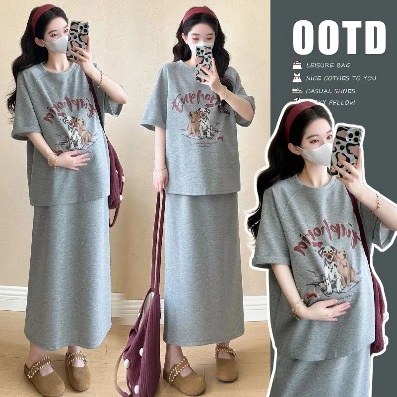 孕妇装夏季套装2025新款韩版宽松休闲灰色印花上衣+半身裙两件套