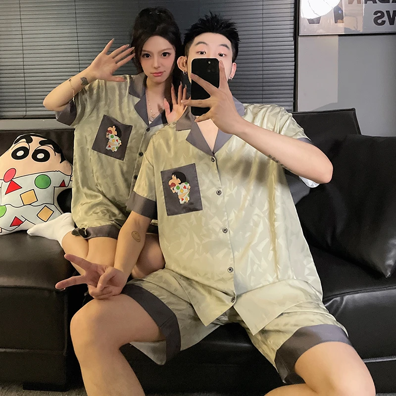 夏季短袖情侣睡衣凉感冰丝夏天短袖短裤一男一女可外穿家居服套装