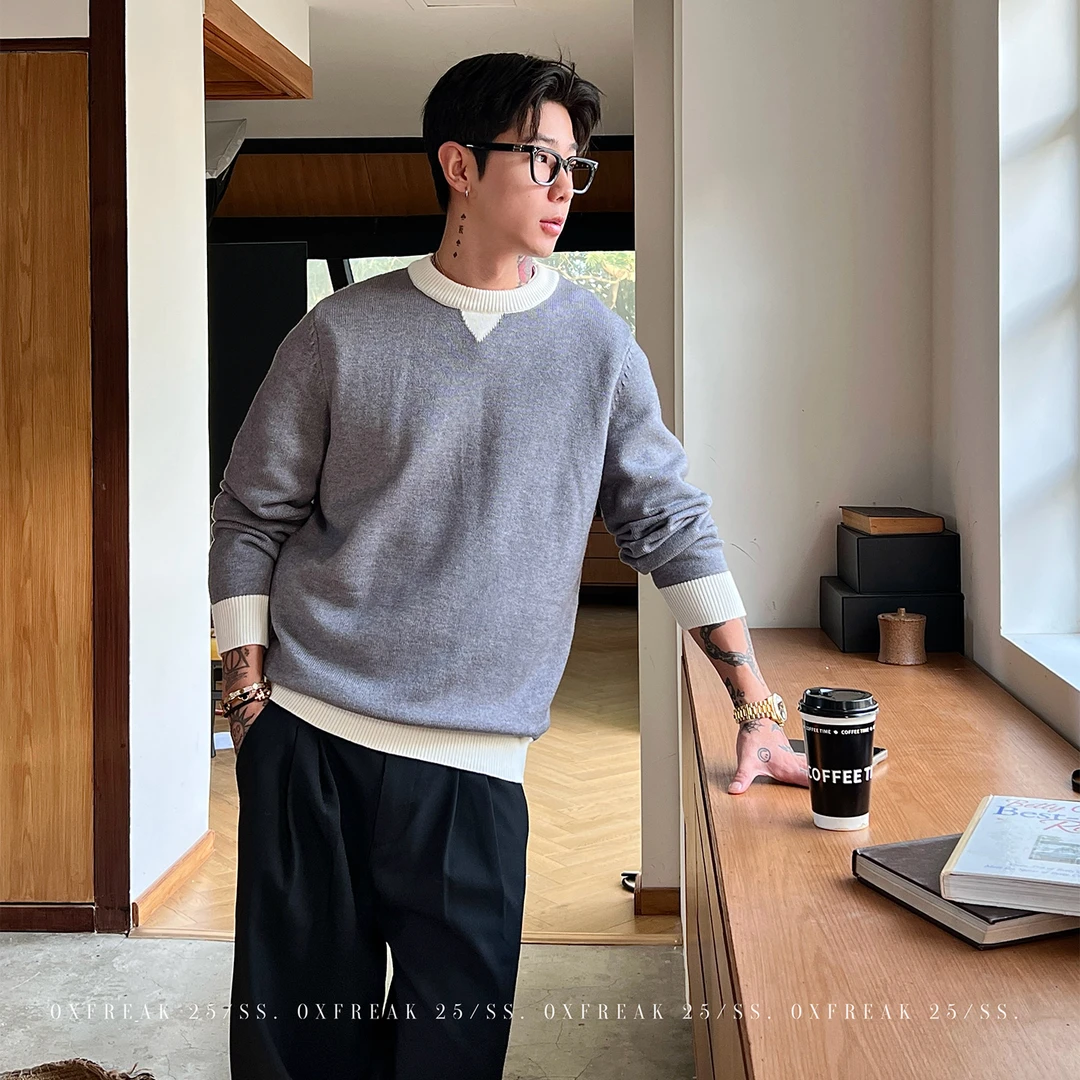 OXFREAK「假两件 立体裁剪」秋冬季套头撞色毛衣男宽松针织打底衫