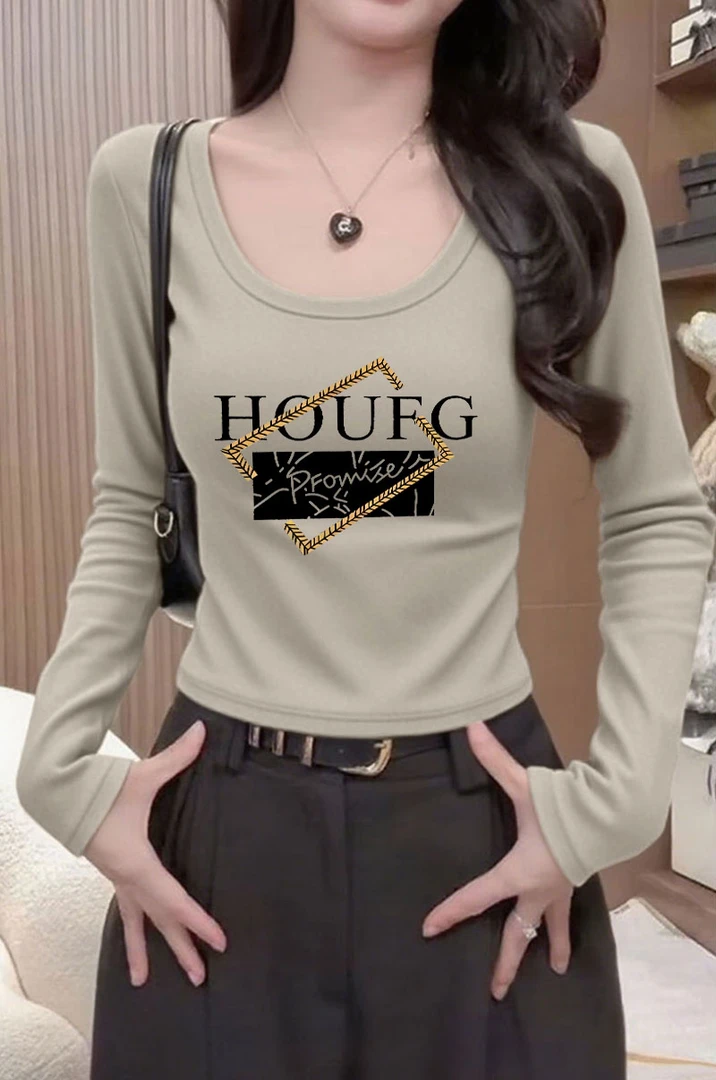 春秋纯棉正肩长袖T恤女设计感u领修身显瘦辣妹打底衫短款百搭上衣