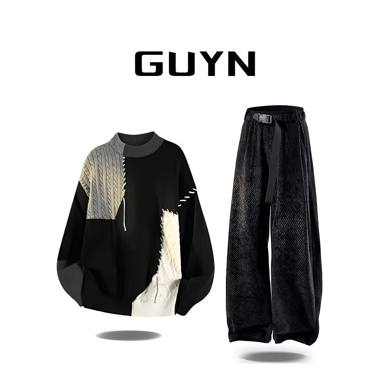 【品牌现货】GUYN美式复古圆领针织衫毛衣男秋冬高级感时尚痞帅上衣