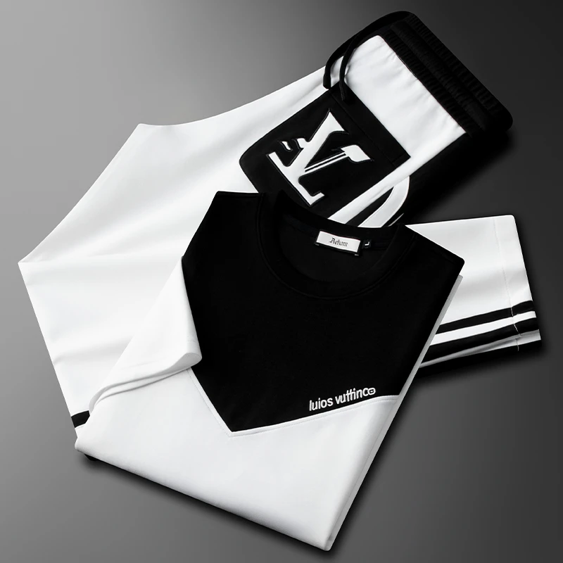 时尚感字母刺绣撞色休闲运动套装男2025新款夏季修身有型两件套潮