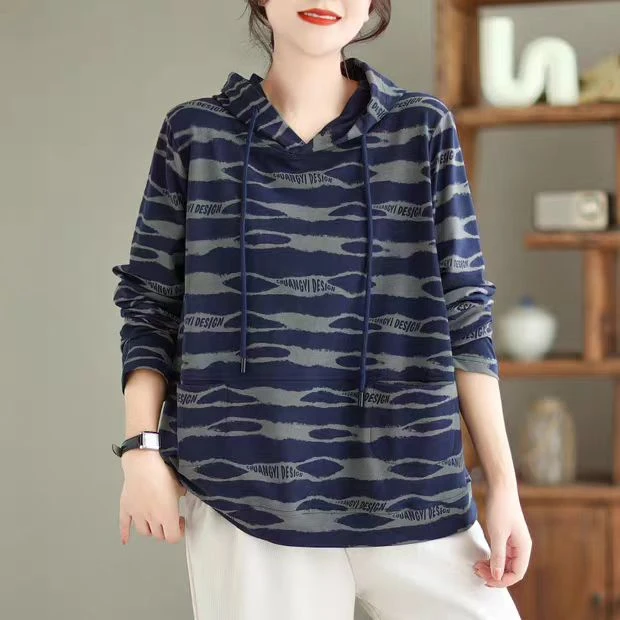 2025新款条纹通用薄款春秋季女连帽印花卫衣长袖百搭老钱风女装