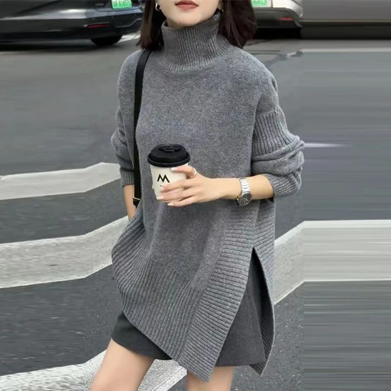 高领毛衣女套头针织衫慵懒风外穿中长款秋冬内搭宽松显瘦上衣X122