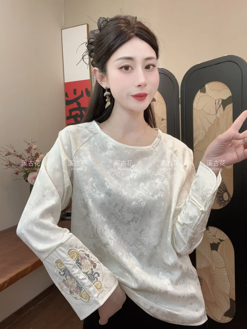 【馨月】超好看早春刺绣长袖上衣打底新中式刺绣时尚百搭显瘦女