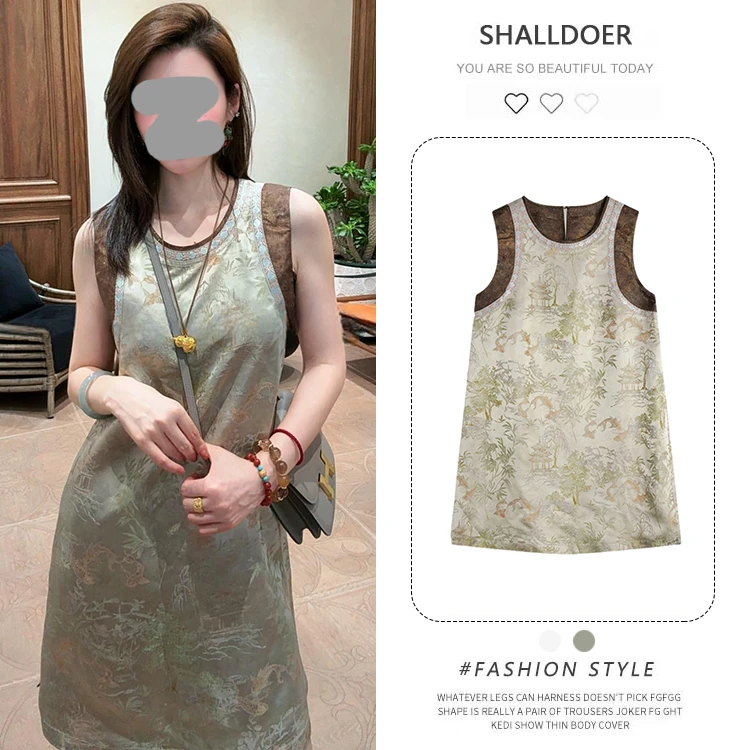 2025新款夏季新中式优雅简约舒适透气绿竹半含箨节节高背心裙