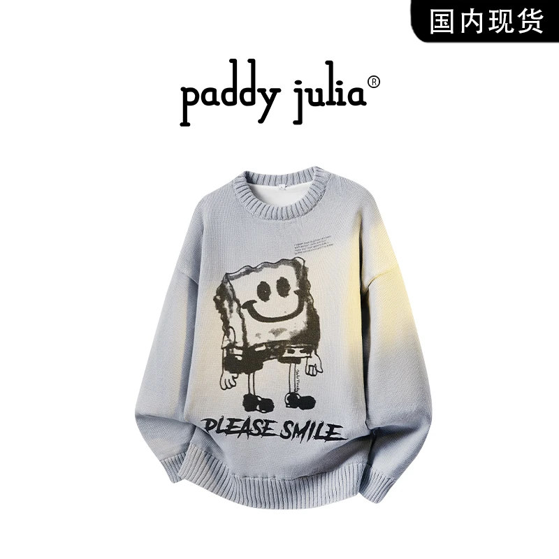 Paddy julia海绵宝宝毛衣男士秋季针织衫圆领潮牌休闲打底衫上衣