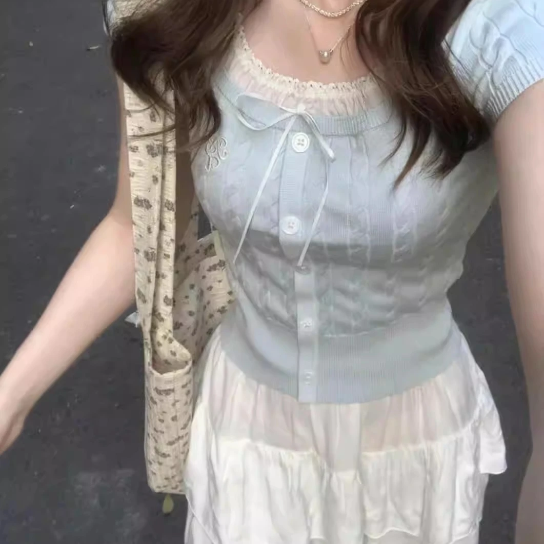 【倩倩专属】蓝色蕾丝假两件针织短袖t恤女夏韩系修身短设计感上衣