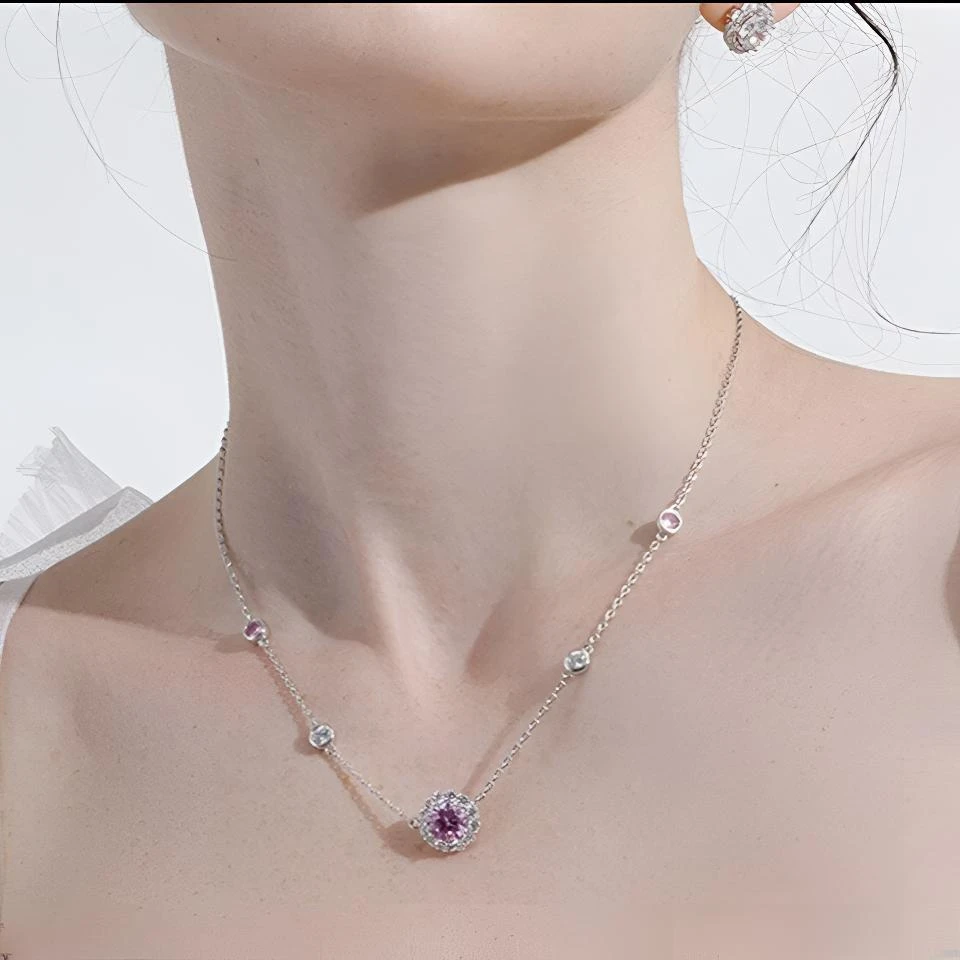 链子925银 圆形星点粉吊坠项链 小清新爱心粉色 锁骨链轻奢百搭