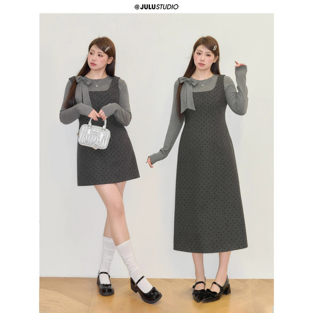 巨鹿工作室“雾都暖色”微胖mm甜美毛呢波点背心裙大码连衣裙套组