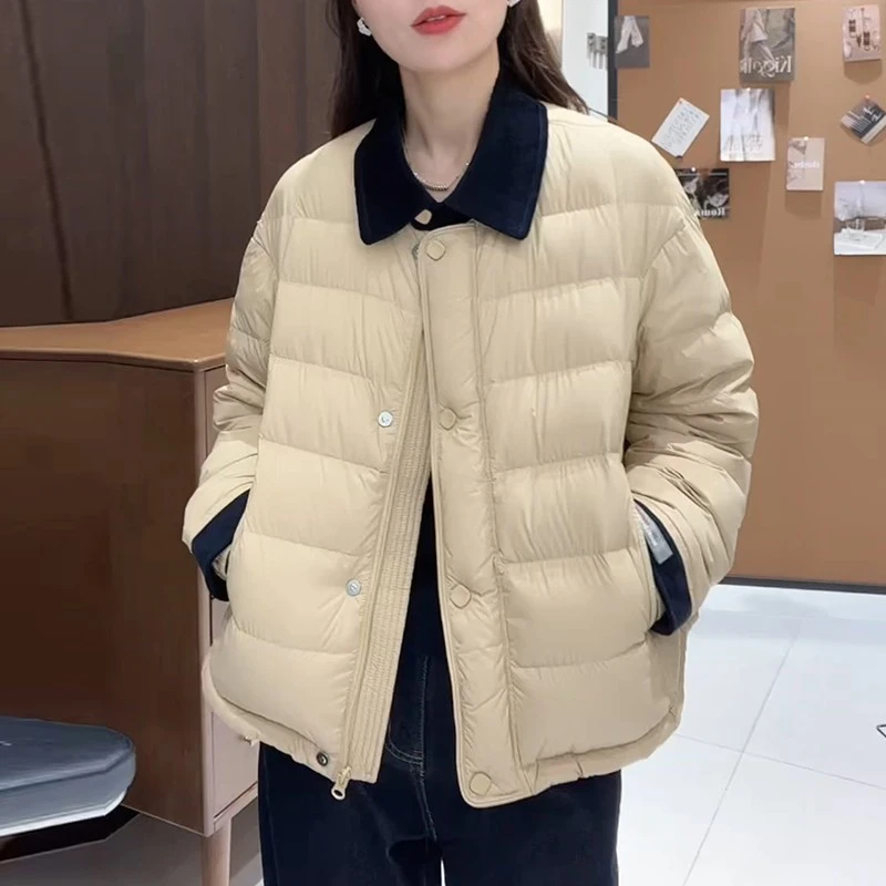 设计感翻领撞色棉服外套女冬季气质百搭宽松加厚保暖轻薄棉衣夹克