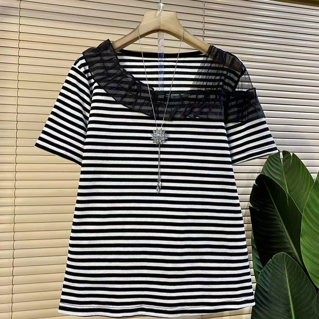 K欧货时尚新款斜肩荷叶领设计减龄短袖上衣