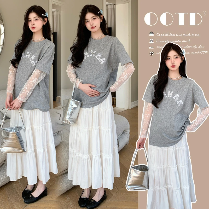 孕妇套装夏季新款时尚韩版宽松圆领蕾丝拼接短袖T恤显瘦半身裙子