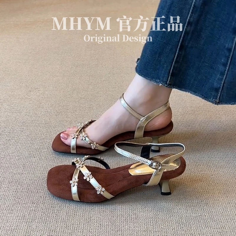 MH官方法式水钻花一字带方头真皮凉鞋女气质百搭配裙子高跟鞋夏
