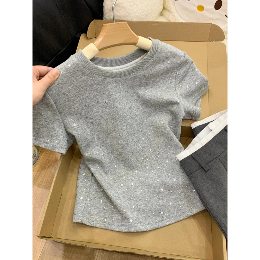 美式甜美星星碎灰色圆领正肩时尚短袖t恤女夏季新款小众辣妹上衣