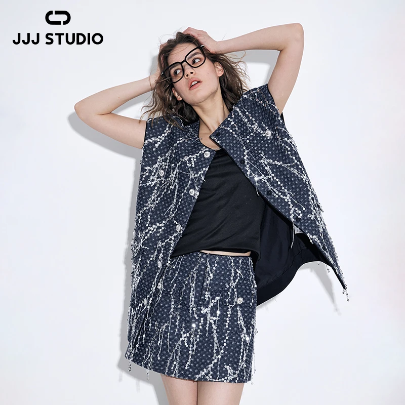 JJJ STUDIO 深蓝色亮片流苏破洞圆领设计奢感牛仔马夹 JLWWS1W025