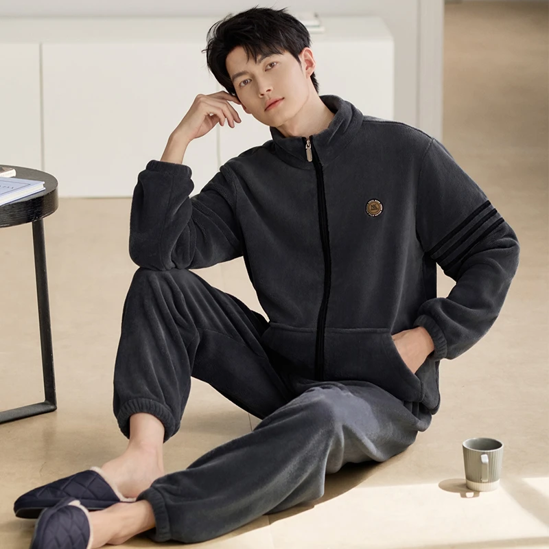 可外穿保暖男款套装2025男士秋冬季新款立领法兰绒家居服高档睡衣