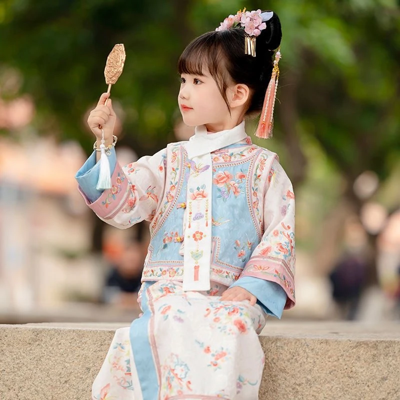 儿童汉服格格服春季薄款古装清朝宫廷女童旗袍加厚新中式贵妃古装