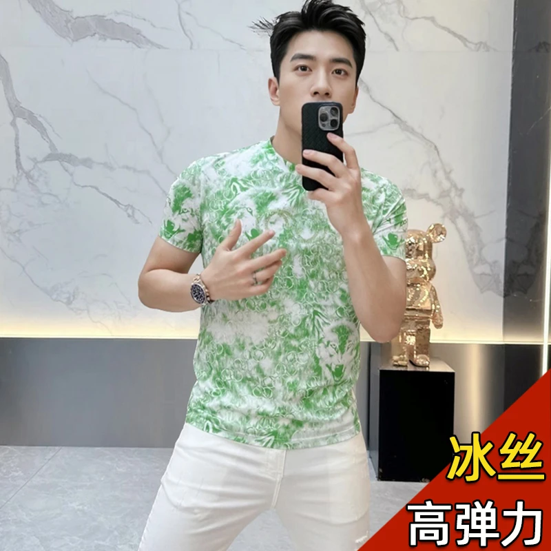 冰丝T恤男短袖休闲时尚潮牌印花圆领高弹力修身帅气网红半袖夏季