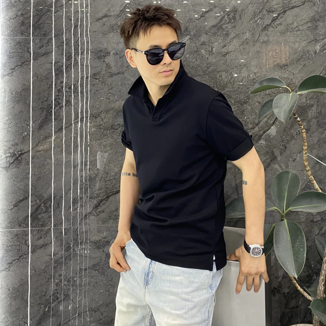 夏季珠地棉一粒扣海鸥领翻领Polo衫修身纯色痞帅英伦雅痞短袖上衣